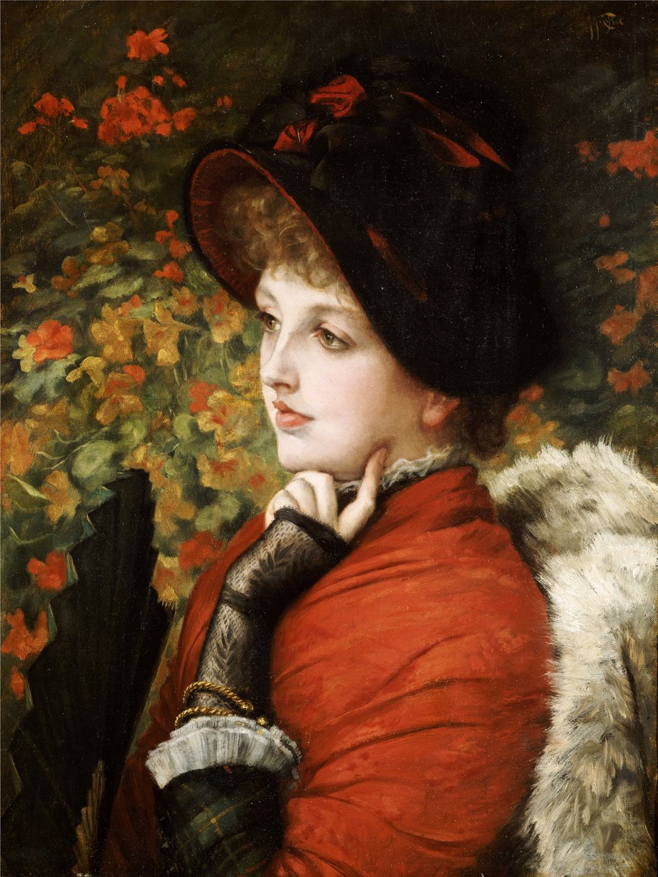 Kauneuden tyyppi: Rouva Kathleen Newtonin muotokuva punaisessa mekossa ja mustassa konepellissä, 1880 tekijältä James Jacques Joseph Tissot