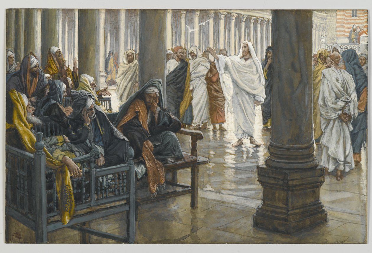 Voi teitä, kirjanoppineet ja fariseukset, esimerkki teoksesta Herramme Jeesuksen Kristuksen elämä, 1886-94 (wc grafiitin päällä paperilla) tekijältä James Jacques Joseph Tissot