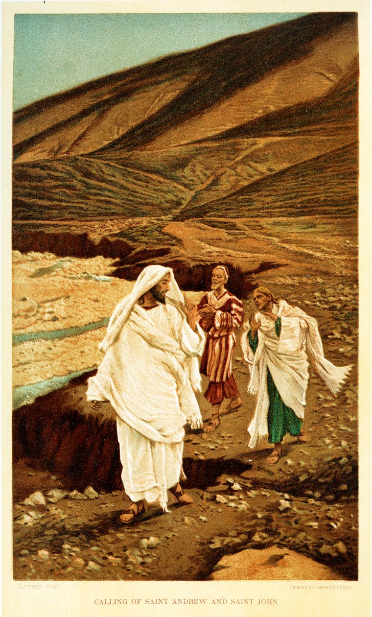 Pyhän Andreaksen ja Johanneksen kutsuminen - Pyhän Johanneksen - Raamattu tekijältä James Jacques Joseph after Tissot