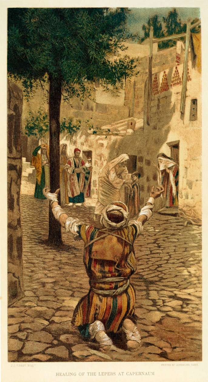 Spitaalisten parantaminen Kapernaumissa, Pyhä Markus - Raamattu tekijältä James Jacques Joseph after Tissot