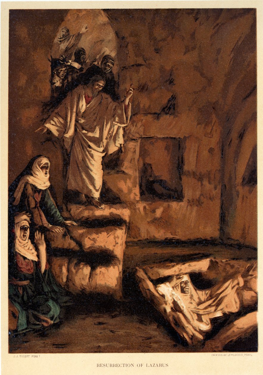 Lasaruksen ylösnousemus - Pyhä Johannes, -Raamattu tekijältä James Jacques Joseph after Tissot