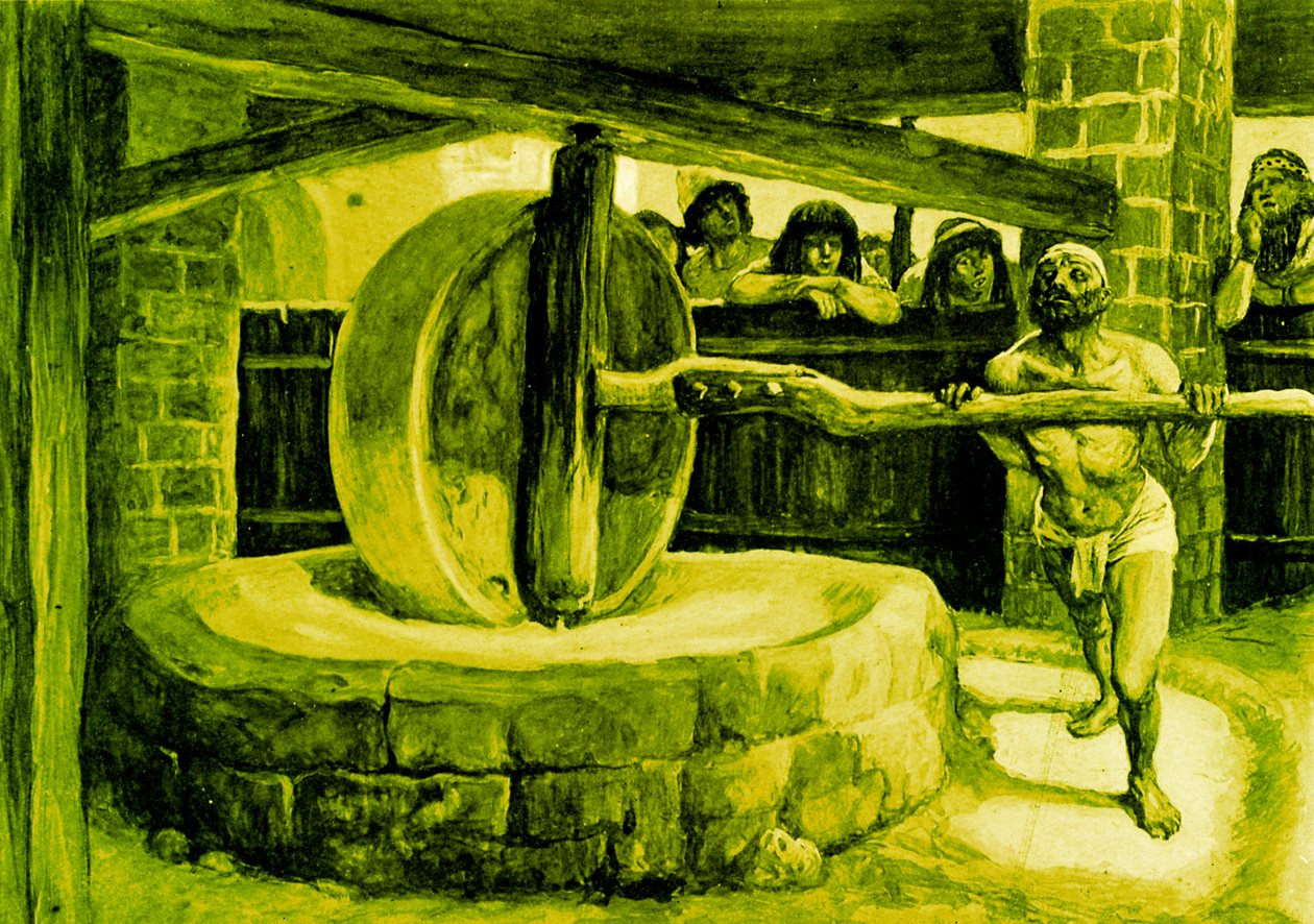 Simson kääntää myllyä vankilassa - Raamattu tekijältä James Jacques Joseph after Tissot