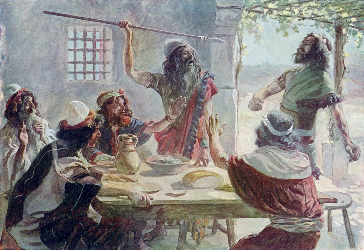 Saul heittää keihään Jonatania kohti - Raamattu tekijältä James Jacques Joseph after Tissot
