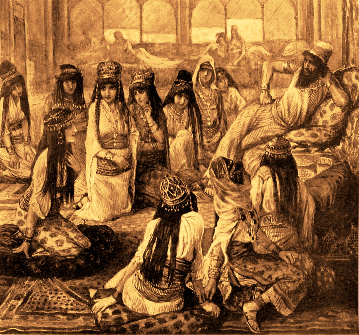 J James Tissot: Salomo ja hänen haareminsa - Raamattu (Kuninkaiden kirja) tekijältä James Jacques Joseph after Tissot