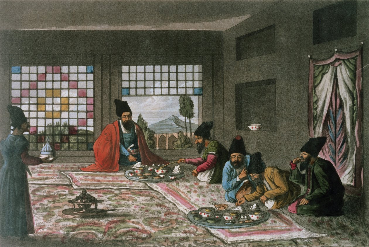 Persialainen aamiainen teoksesta "Toinen matka Persian halki 1810-16", kaivertanut Theodore H.A. Fielding (1781-1851) tekijältä James Justinian (after) Morier