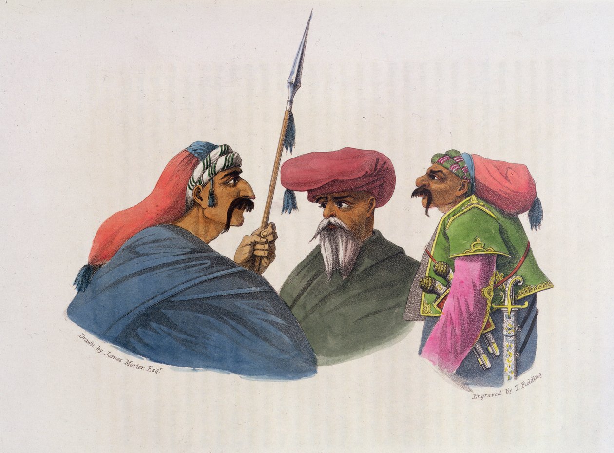 Courdish Chiefs teoksesta "Toinen matka Persian halki, 1810-16", kaiverrus Theodore H.A. Fielding (1781-1851) 1818 tekijältä James Justinian Morier