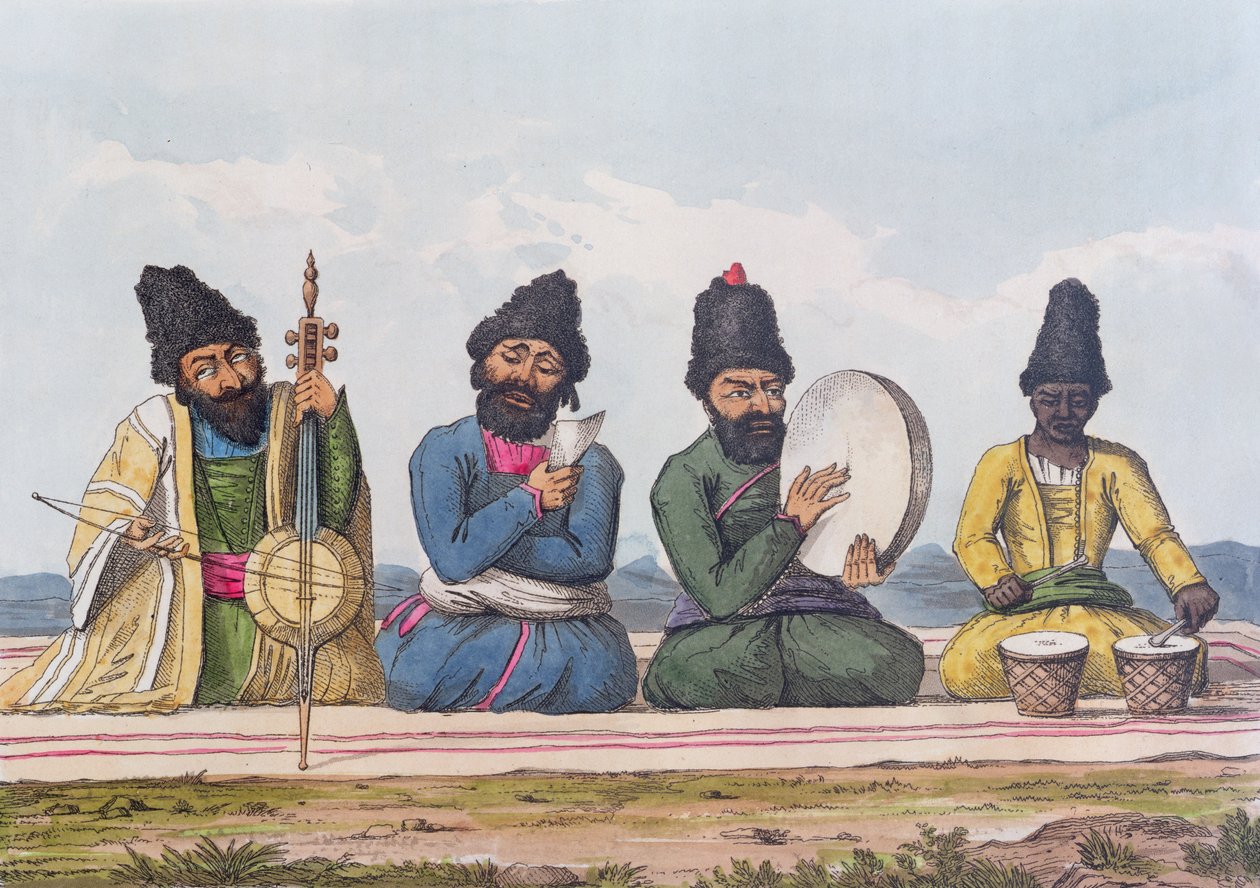 Persialaiset muusikot toisesta matkasta Persian halki 1810-16, kaiverrus Theodore H.A. Fielding (1781-1851), 1818 tekijältä James Justinian Morier