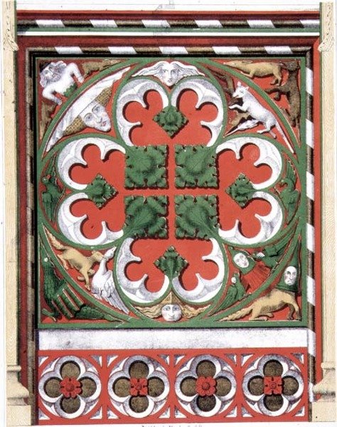 Yksityiskohdat maalatusta kattoverkosta Dickleburgh Churchissa, Norfolkissa, teoksesta "Gothic Ornaments", kaiverrettu J.R Jobbins tekijältä James Kellaway (after) Colling