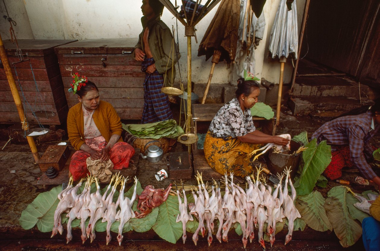 Ruoanmyyjät, joiden kasvot on koristeltu thanakalla, jauhetulla puun kuorella. Taunggyi, Burma. tekijältä James L Stanfield