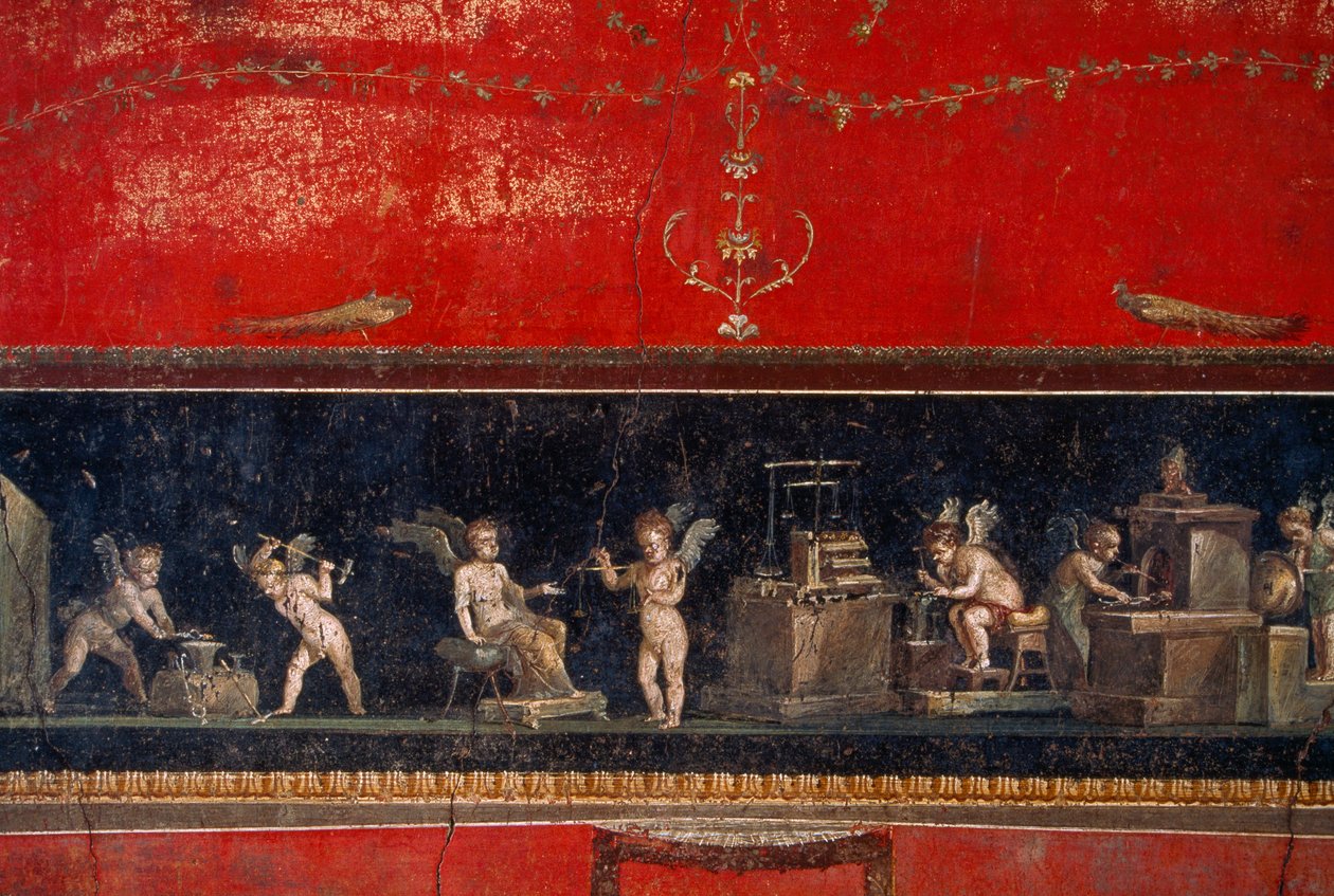 Pompeijissa löydetty fresko esittää kultaseppiä kerubeja työssään. Pompeji, Italia. tekijältä James L Stanfield