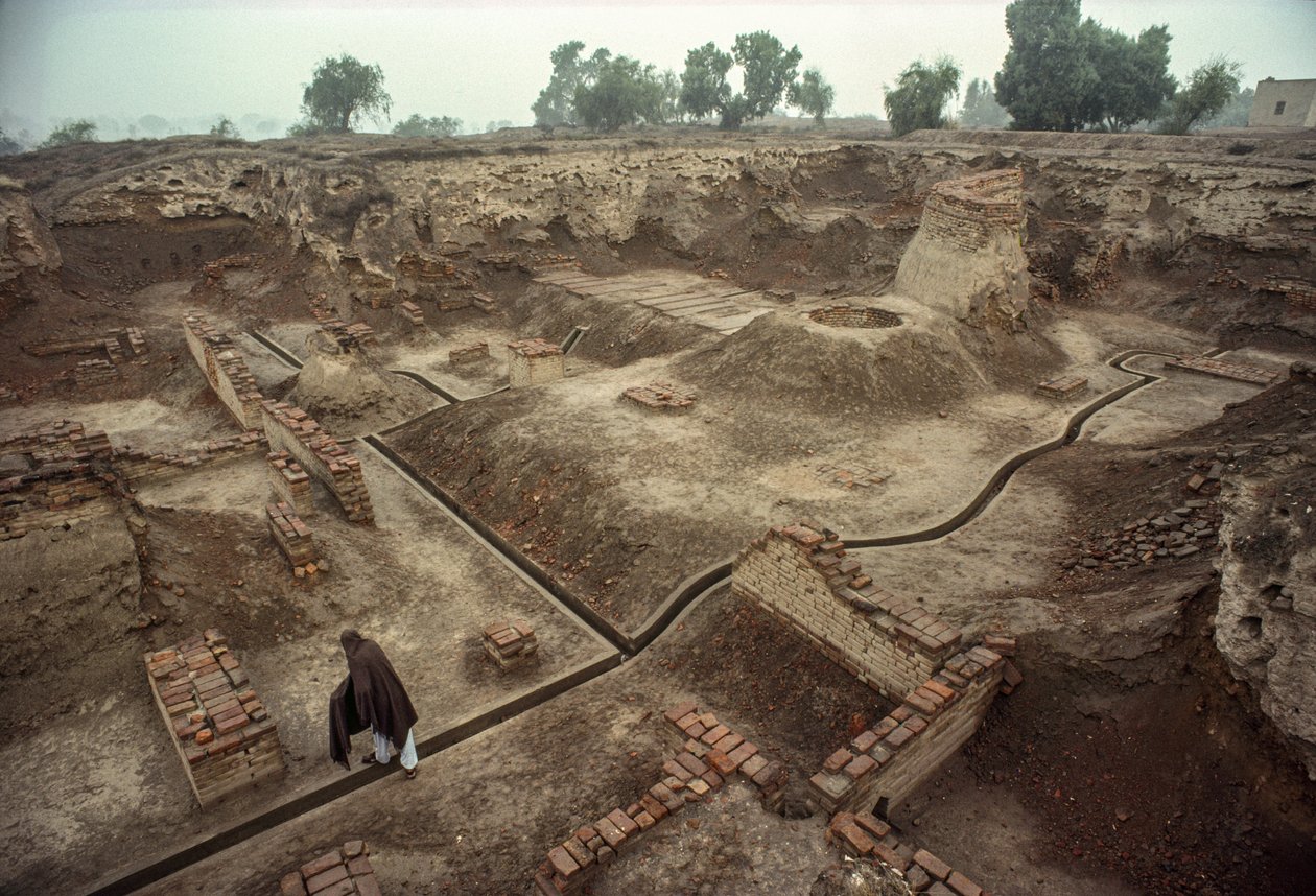 Yleiskuva kuopasta, joka on täynnä tiiliseinien jäänteitä, tiilikaivo. HARAPPA E... tekijältä James L Stanfield