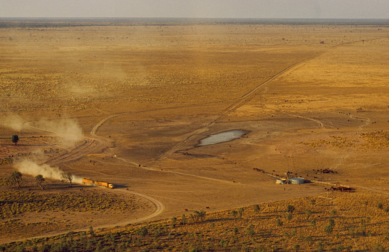 Karjaa kuljettava maantiejuna kulkee syrjäisen ylätasangon halki. Länsi-Australia, Australia. tekijältä James L Stanfield