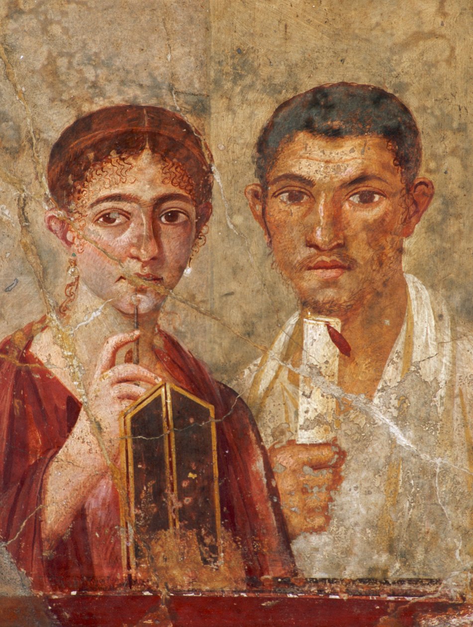 Pompeijista löydetyssä roomalaisessa freskossa on pariskunta, jolla on kädessään kirjoitusvälineet. Museo Archeolo... tekijältä James L Stanfield