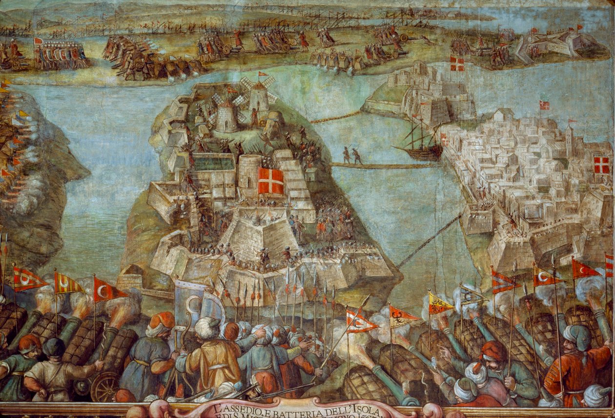 Tämä fresko kuvaa Maltan turkkilaisten piiritystä vuonna 1565. Taideteos. tekijältä James L Stanfield