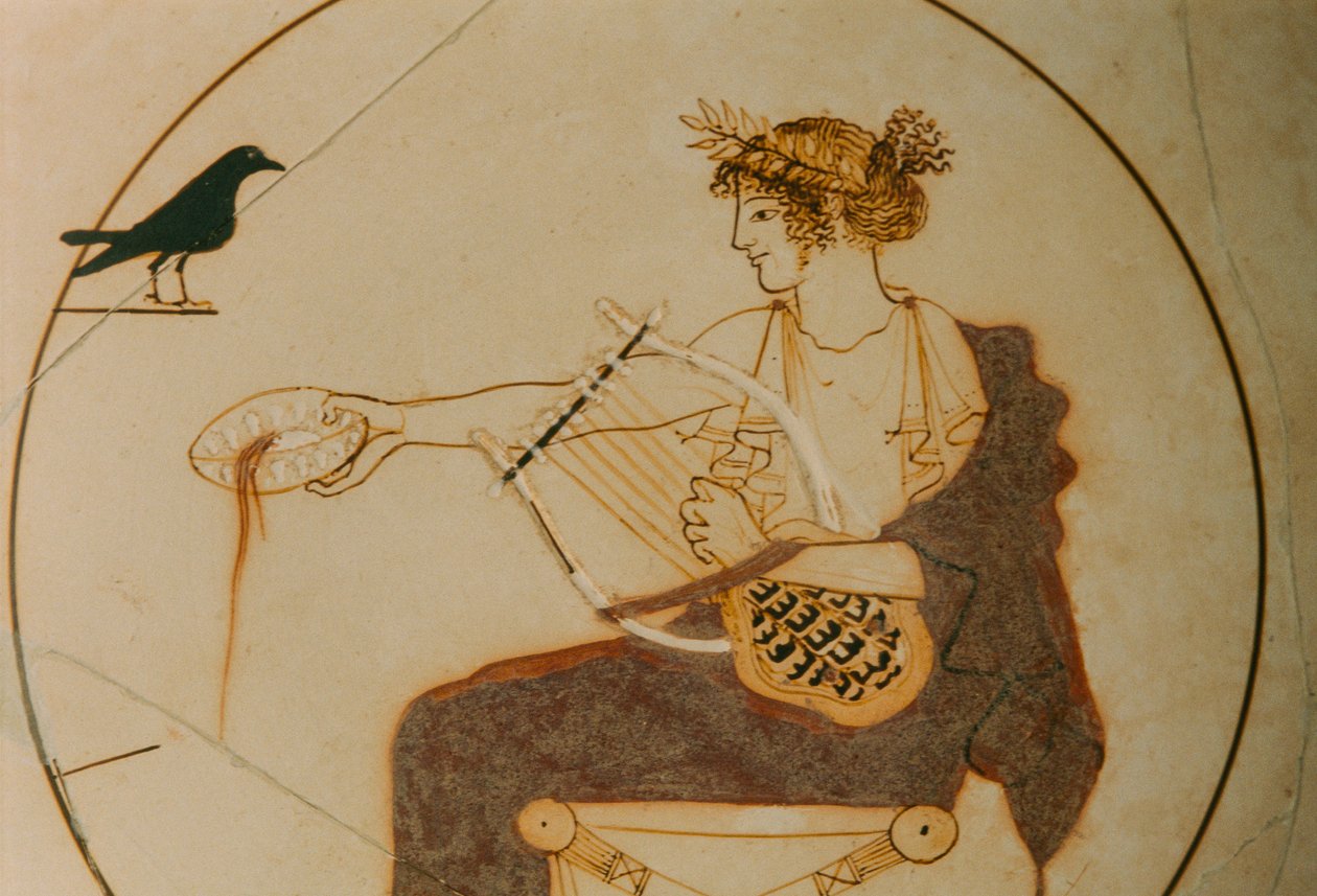 Valkoisella pohjalla oleva kylix, joka on koristeltu Apollon-kuvauksella. Jumala istuu... tekijältä James L Stanfield