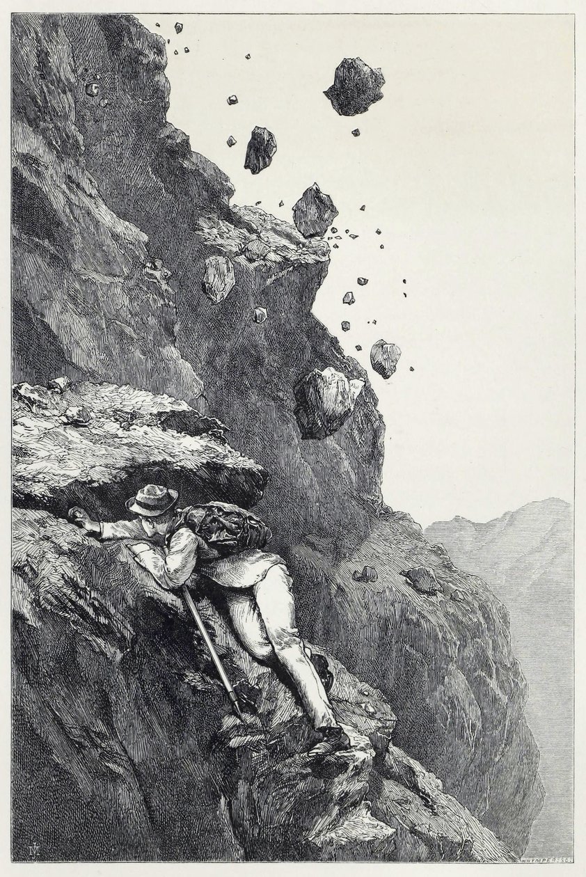 Cannonade on Matterhorn, Scramblesista Alppien joukossa vuosina 1860-69, pub. 1871 (kaiverrus) tekijältä James Mahoney