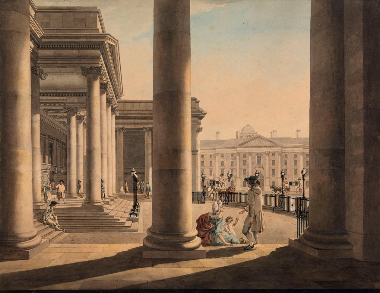 Trinity College Dublinissa parlamenttitalon pylväiköstä nähtynä tekijältä James Malton