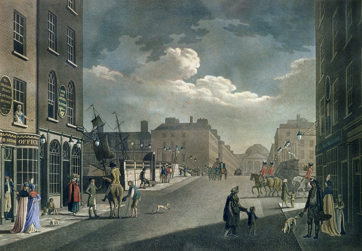 Näkymä Capel Streetiltä, katse yli Essex Bridgen, Dublinin, kuvasta "Kaksikymmentä näkymää Dubliniin", 1797 tekijältä James Malton