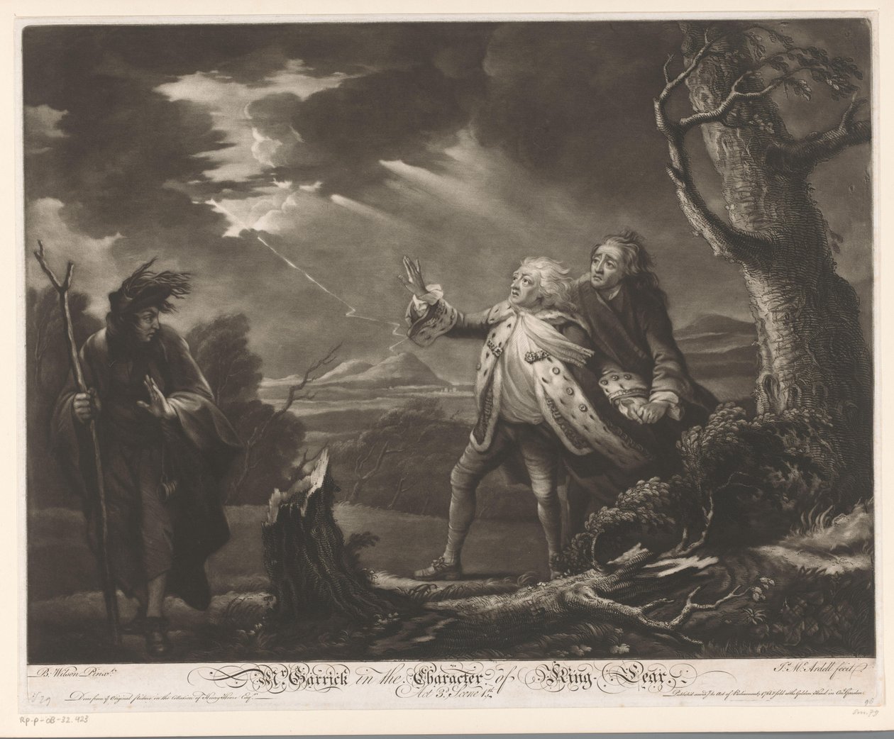 David Garrick kuningas Learina Kentin jaarlin ja Tomiksi naamioituneen Edgarin kanssa myrskyisissä maisemissa Herra. Garrick kuningas Learin hahmossa (otsikko esineessä) tekijältä James McArdell