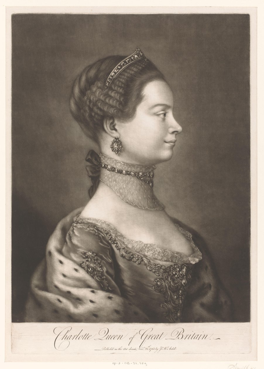 Portret van Charlotte van Mecklenburg Charlotte Ison-Britannian kuningatar (otsikko esineessä) tekijältä James McArdell