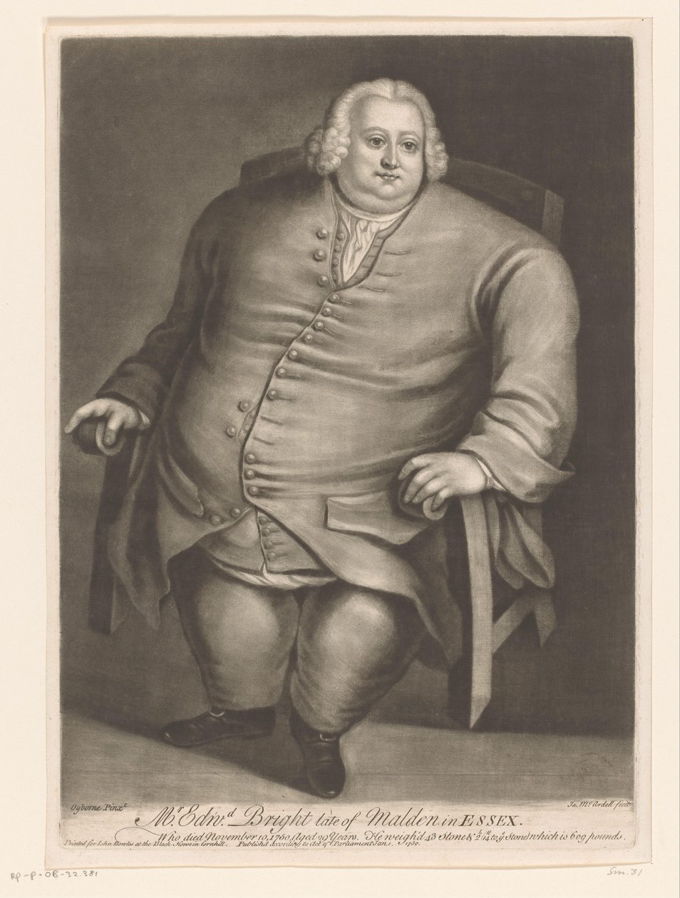 Portretti van Edward Bright herra Edwd. Maldenin valoisa myöhäinen Essexissä (otsikko esineessä) tekijältä James McArdell