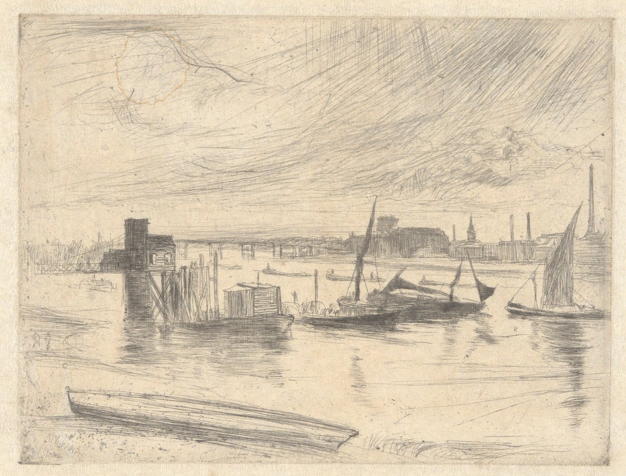 Battersea Dawn (Cadogan Pier), Thames-sarjasta (Kuudentoista etsauksen sarja Thamesista ja muista aiheista) tekijältä James Abbott McNeill Whistler