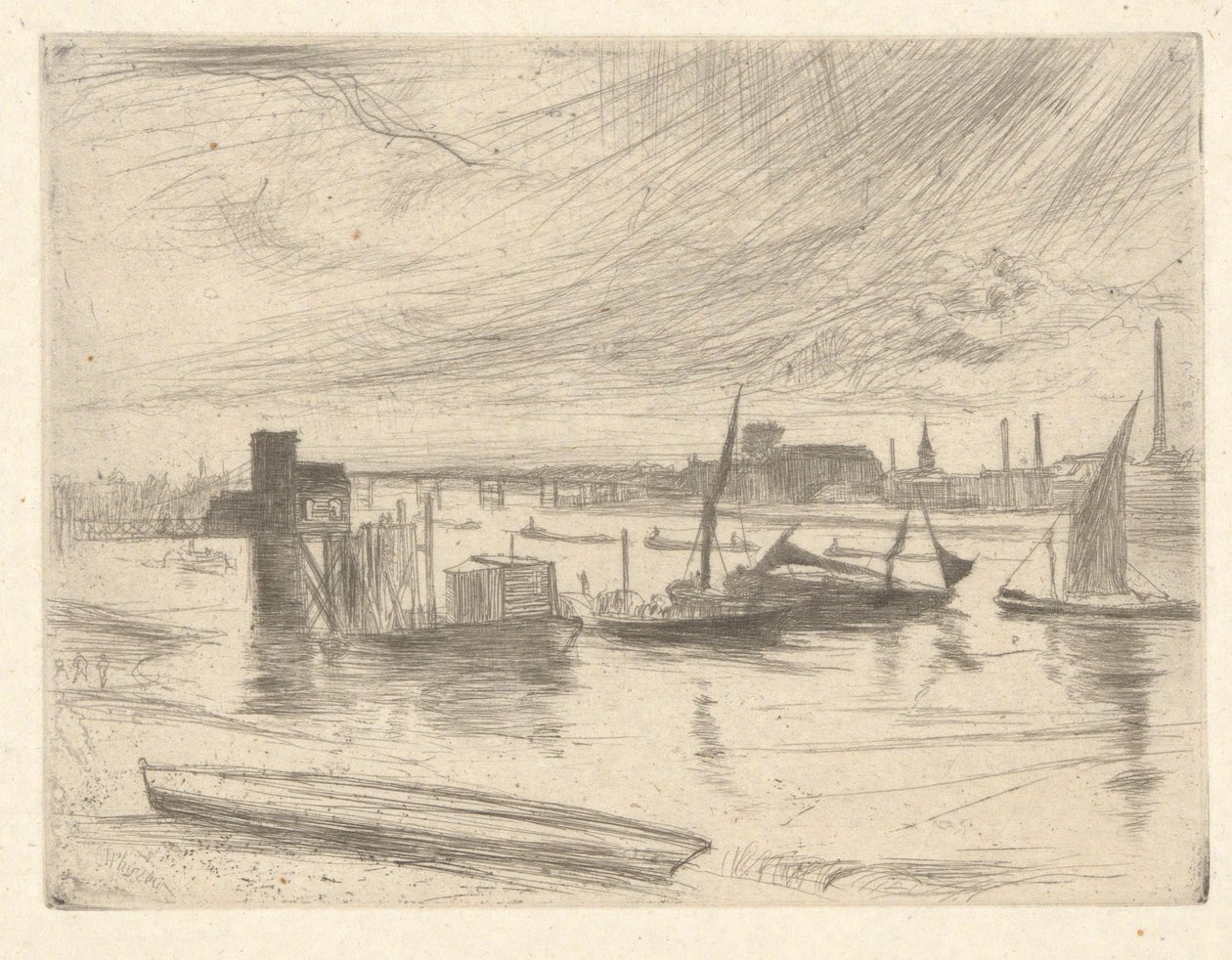 Battersea Dawn (Cadogan Pier), Thames-sarjasta (Kuudentoista etsauksen sarja Thamesista ja muista aiheista) tekijältä James Abbott McNeill Whistler