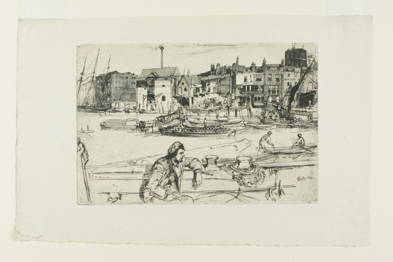 Black Lion Wharf, sarjasta kuusitoista etsausta Thamesissa ("Thames-setti") tekijältä James Abbott McNeill Whistler