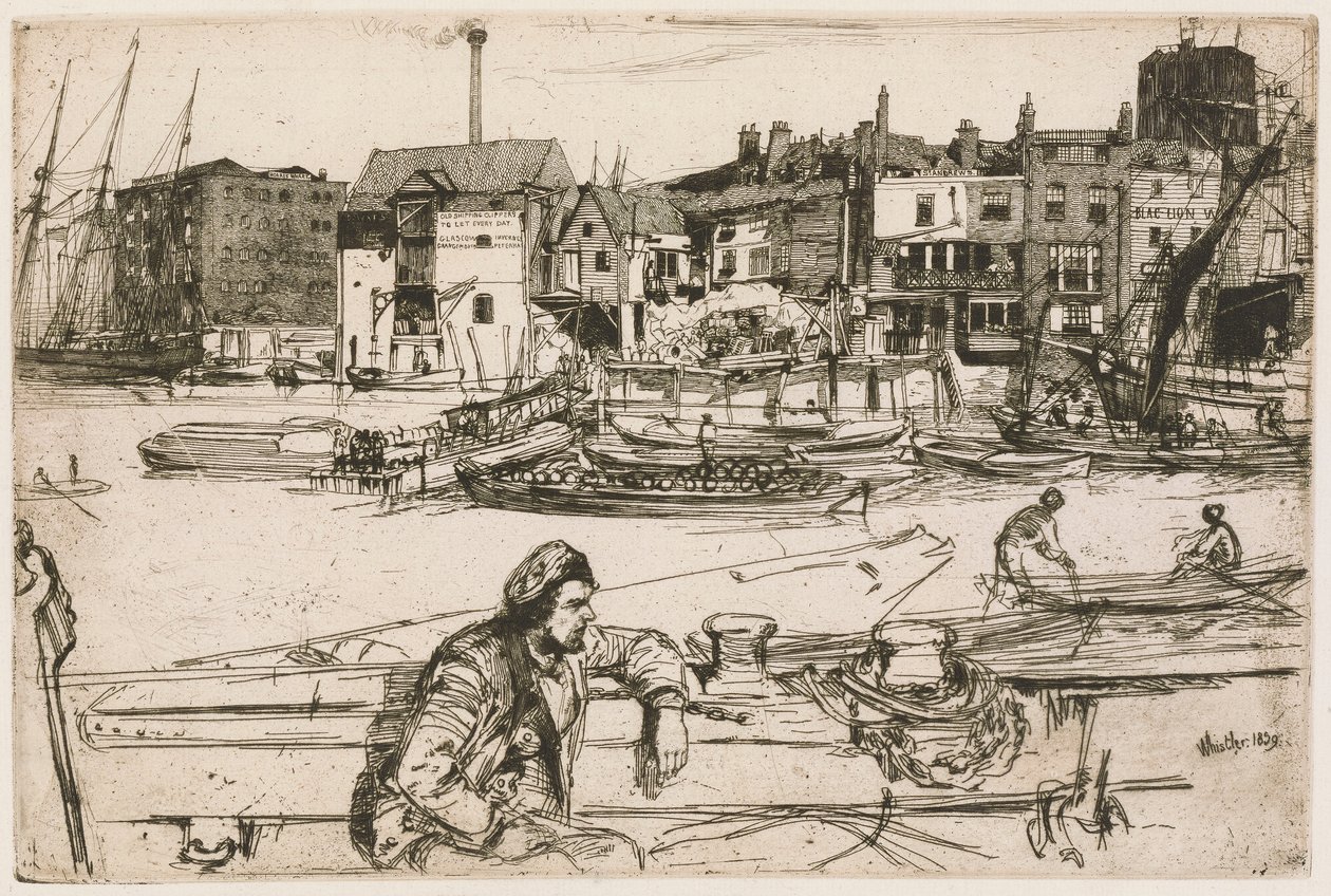 Black Lion Wharf, Thames-sarjasta (kuudentoista etsauksen sarja Thamesista ja muista aiheista) tekijältä James Abbott McNeill Whistler