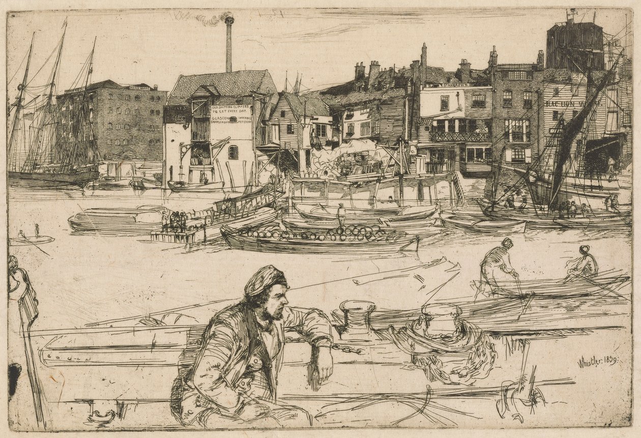 Black Lion Wharf, Thames-sarjasta (kuudentoista etsauksen sarja Thamesista ja muista aiheista) tekijältä James Abbott McNeill Whistler