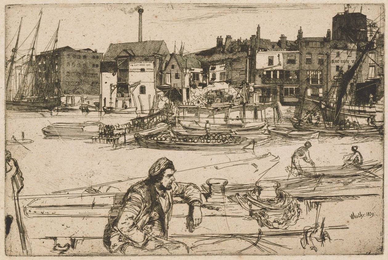 Black Lion Wharf, teoksesta Thames Set (sarja, joka koostuu kuudestatoista etsauksesta, joiden aiheina ovat näkymiä Thames-joelta ja muita aiheita) tekijältä James McNeill Whistler