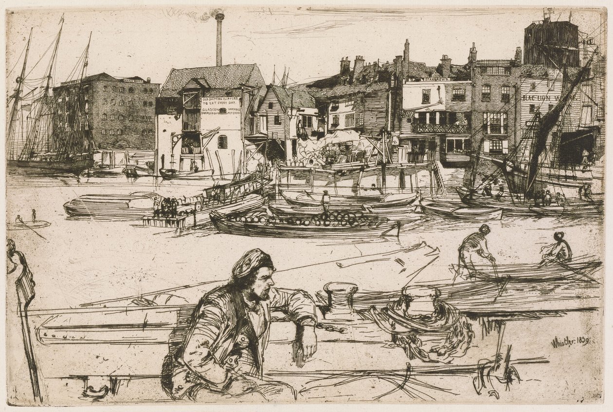 Black Lion Wharf, teoksesta Thames Set (sarja, joka koostuu kuudestatoista etsauksesta, joiden aiheina ovat näkymiä Thames-joelta ja muita aiheita) tekijältä James McNeill Whistler