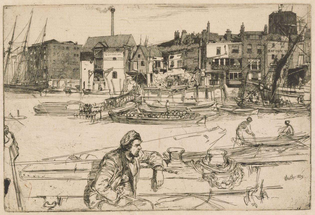 Black Lion Wharf, Thames-sarjasta (Kuudentoista etsauksen sarja, joka kuvaa näkymiä Thamesilta ja muita aiheita) tekijältä James McNeill Whistler