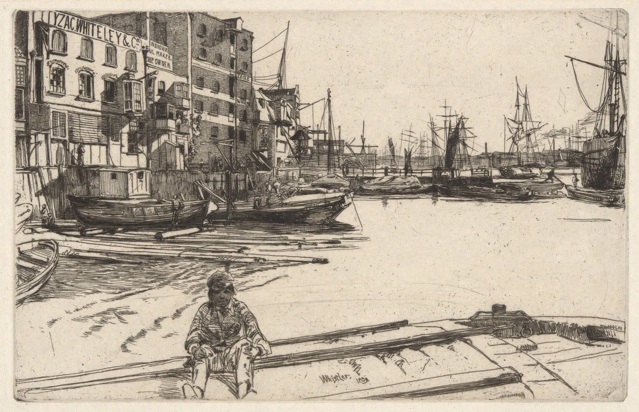 Eagle Wharf (Tyzac, Whiteley & Co.), Thames-sarjasta (kuudentoista Thames-joen näkymiä ja muita aiheita esittävän etsauksen sarja) tekijältä James McNeill Whistler
