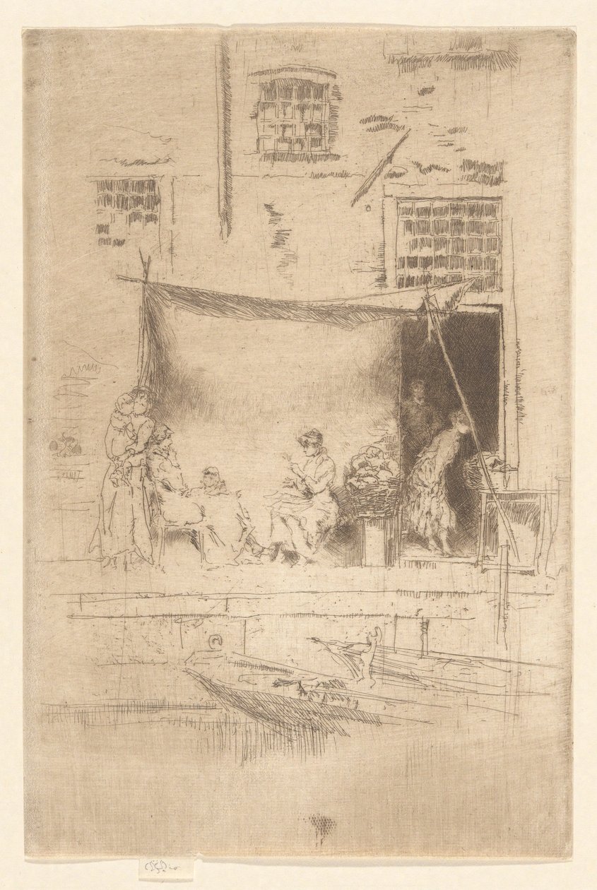 Hedelmäkioski, toisesta Venetsian sarjasta (kaksikymmentäkuusi etsauksen sarja) tekijältä James Abbott McNeill Whistler