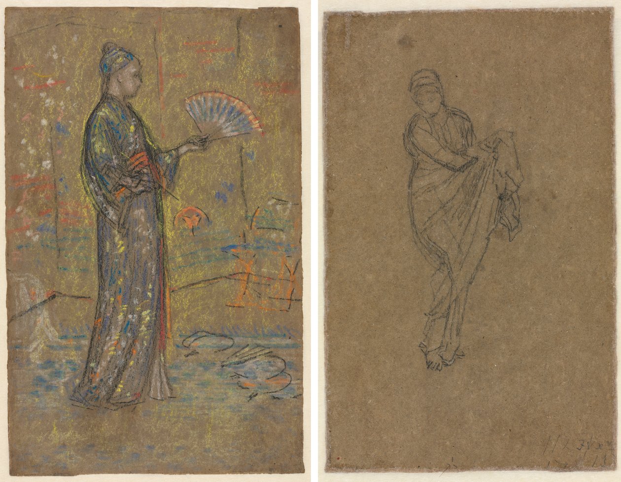 Viuhkaa maalaava japanilainen nainen (etupuoli); seisova nainen pitelemässä pukuaan ylhäällä (kääntöpuoli) tekijältä James McNeill Whistler