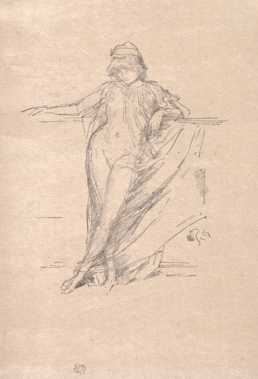 Pieni drapattu hahmo nojaamassa tekijältä James McNeill Whistler