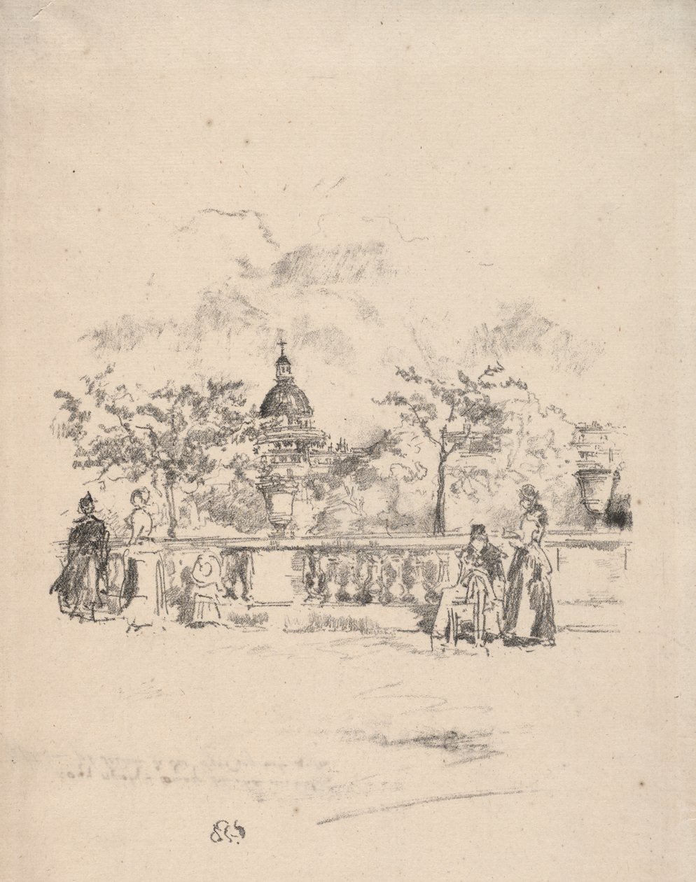 Pantheon Luxemburgin puiston terassilta nähtynä tekijältä James McNeill Whistler