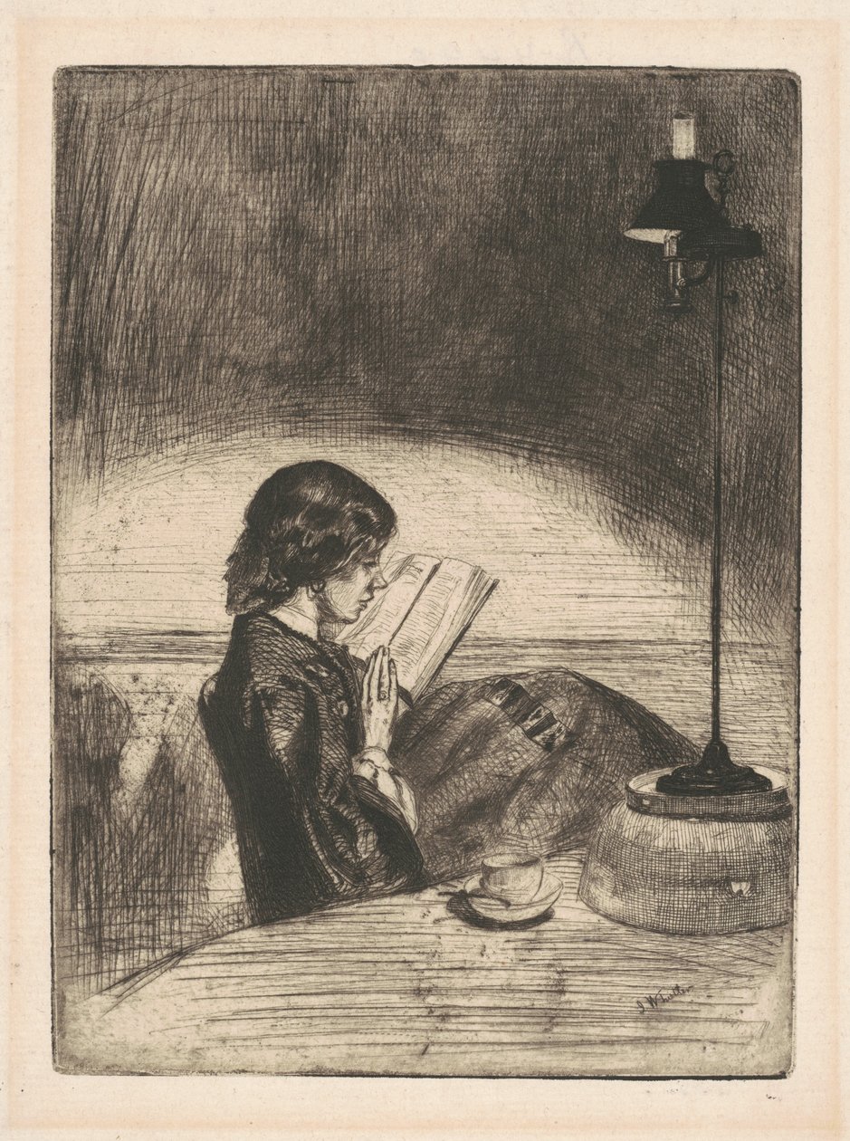 Lukemassa lampun valossa tekijältä James McNeill Whistler