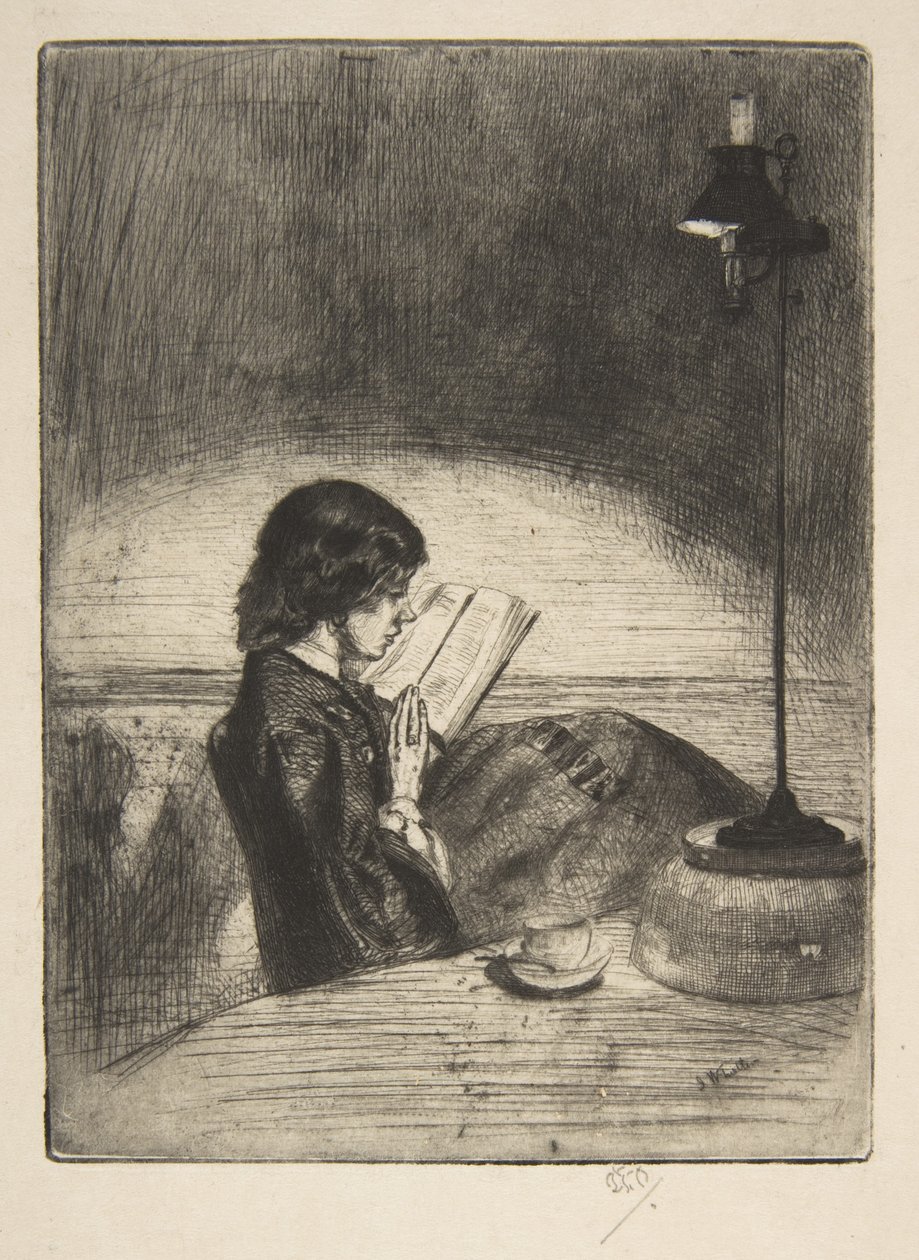 Lukemassa lampun valossa tekijältä James McNeill Whistler