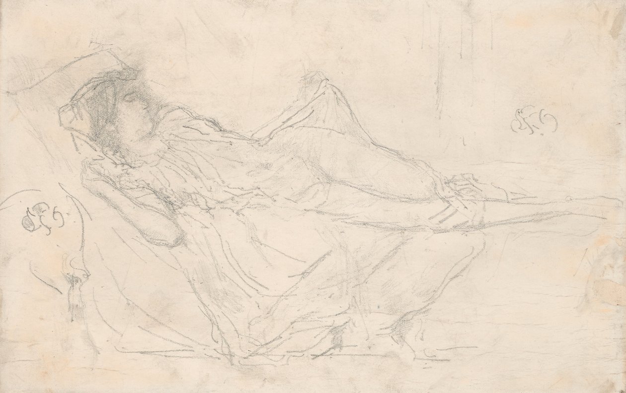 Makuuasennossa oleva drapattu hahmo tekijältä James McNeill Whistler