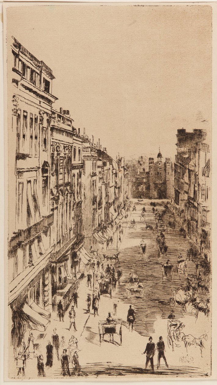 St. James Street; litografinen jäljennös etsauksen "St. James's Street" kääntöpuolella <u>Vanity Fair</u> -messuille, Lontoo, 1878 tekijältä James Abbott McNeill Whistler