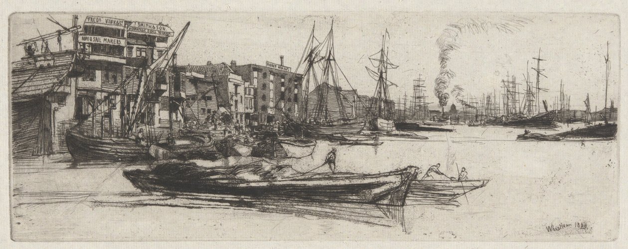 Thames Warehouse, Thames-sarjasta (Kuudentoista etsauksen sarja Thamesista ja muista aiheista) tekijältä James Abbott McNeill Whistler