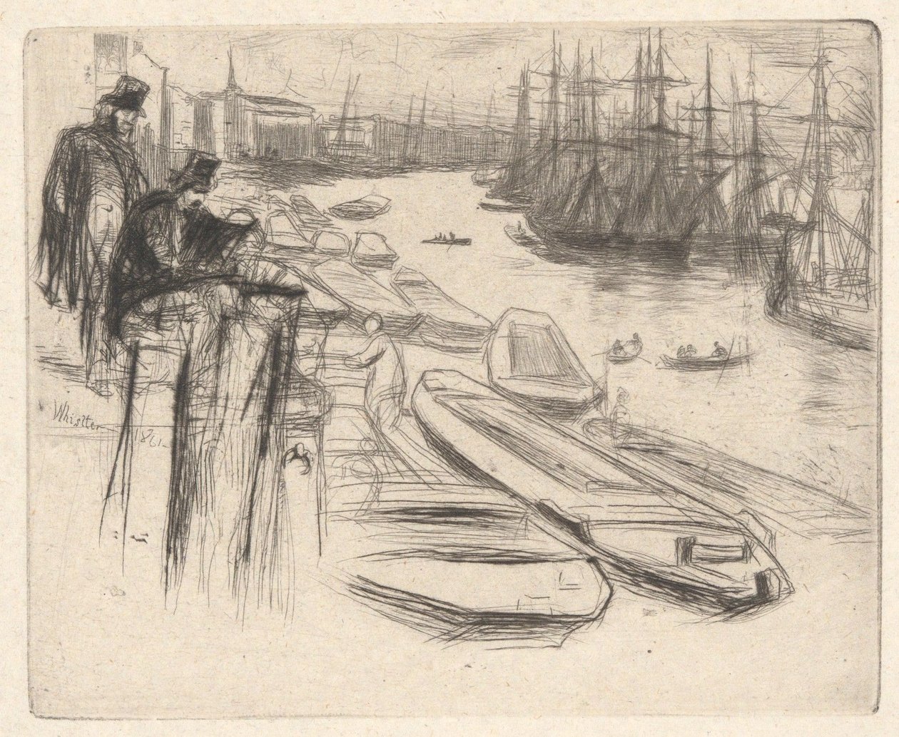 ”Pieni uima-allas”, teoksesta Thames Set (sarja, joka koostuu kuudestatoista etsauksesta, joiden aiheina ovat näkymiä Thames-joelta ja muita aiheita) tekijältä James McNeill Whistler