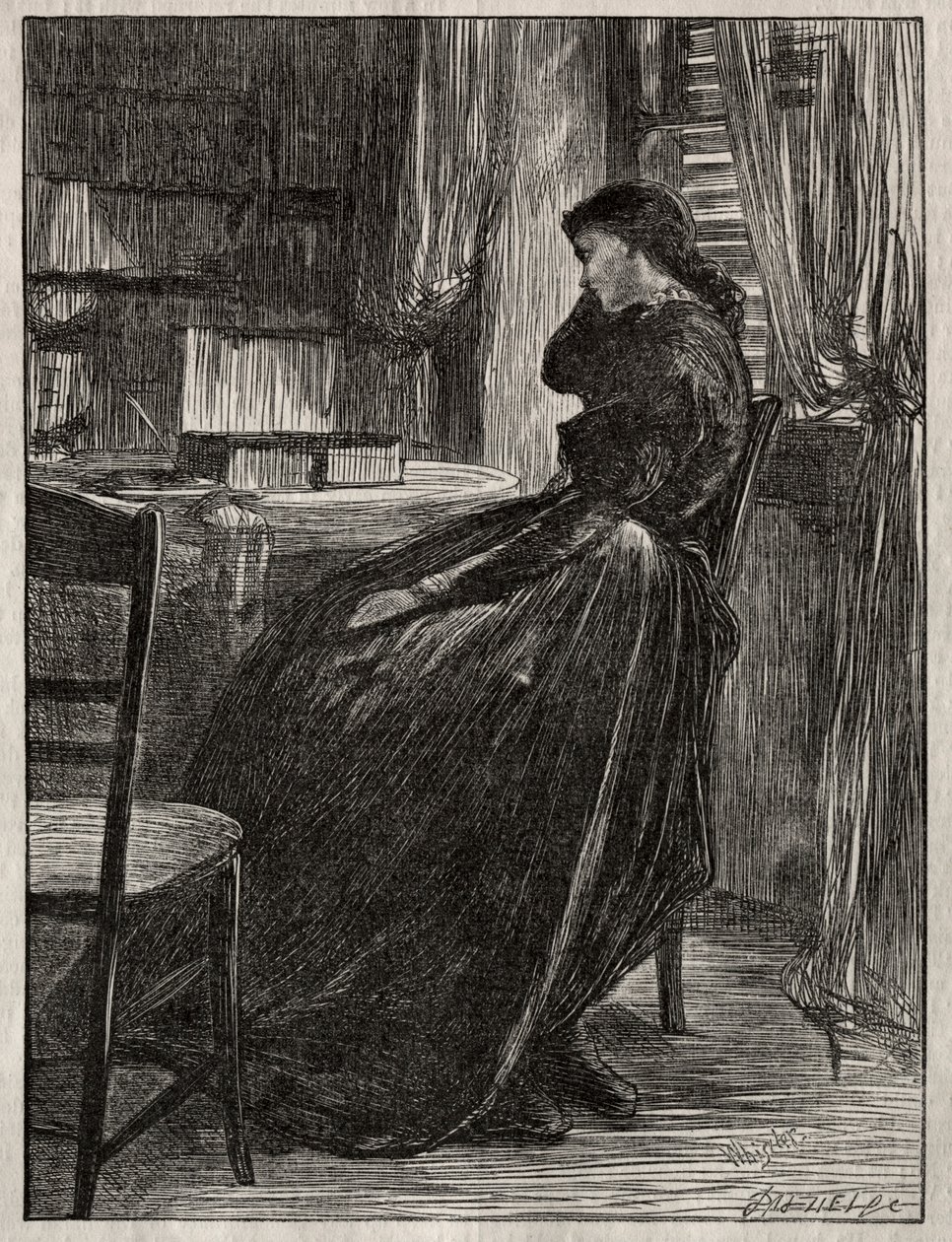 Oikeudenkäyntisaarna: Joanna Douglas pöytänsä ääressä tekijältä James Abbott McNeill Whistler