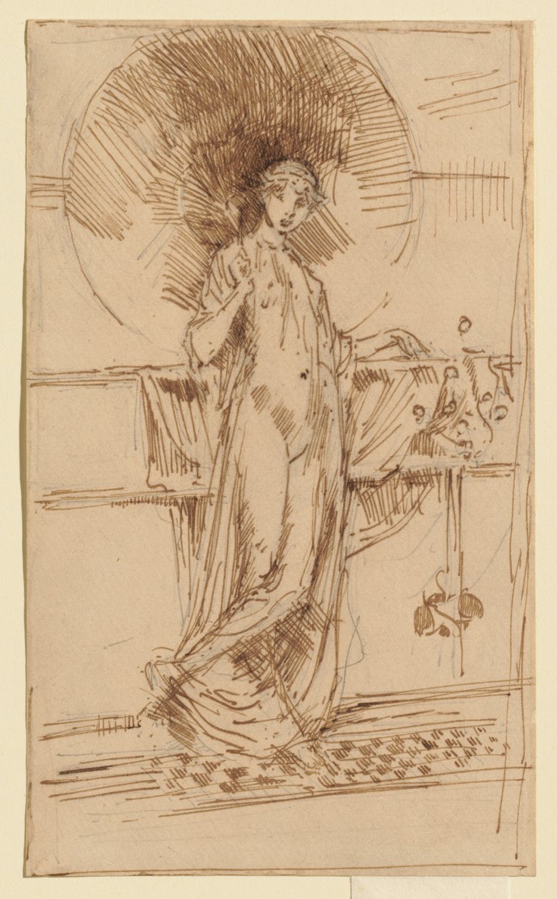 Nainen päivänvarjon kanssa (luonnos teokseen "Harmonia sinisessä ja kullassa") tekijältä James McNeill Whistler