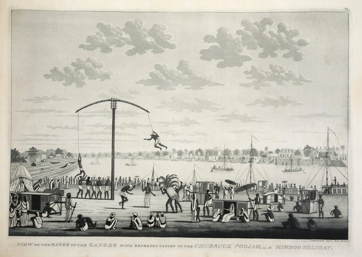 Näkymä Gangesin rannoilla Churruck Poojahin edustalla …, pubi. 1810 kaiverrus. tekijältä James Moffat
