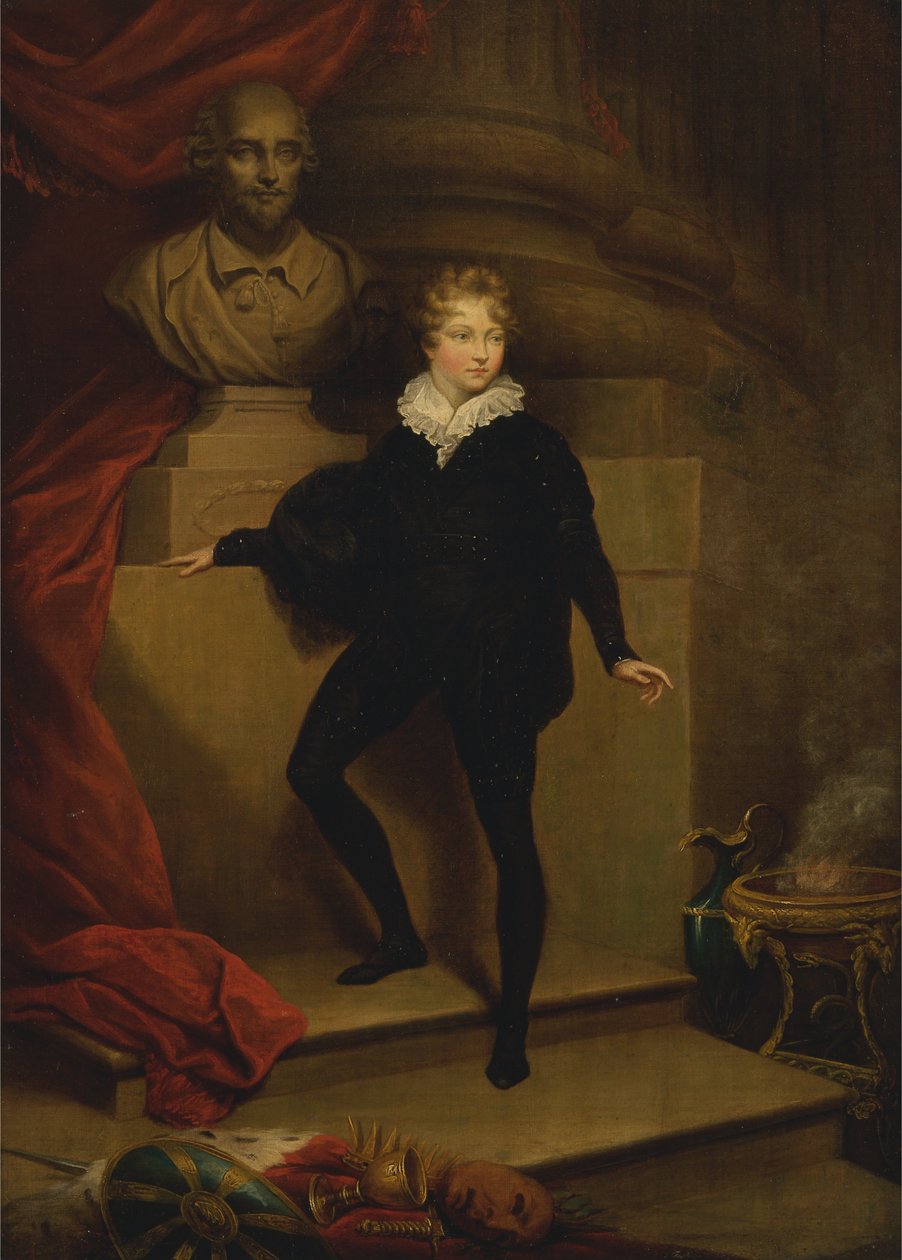 Mestari Betty Hamletina Shakespearen rintakuvan edessä. tekijältä James Northcote