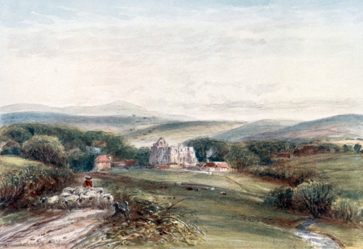 "Dundrennan Abbey" (värilitografia) tekijältä James Orrock