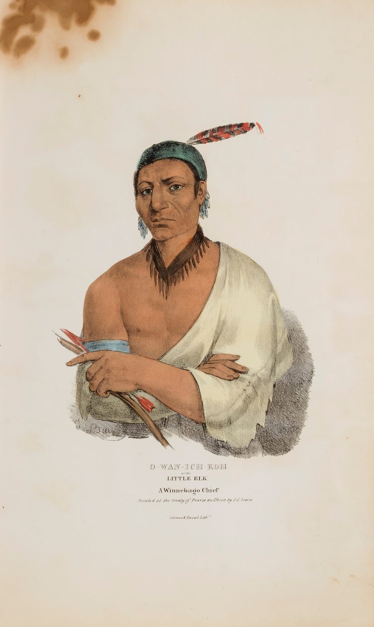 O-WAN-ICH-KOH tai Pikku Hirvi; Winnebago päällikkö, julkaisusta The Aboriginal Portfolio (Alkuperäiskansojen salkku). tekijältä James Otto Lewis